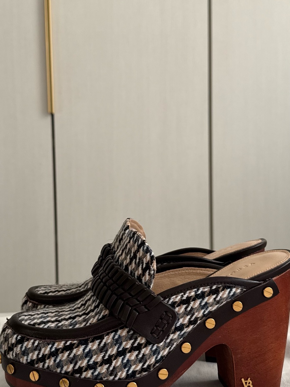 Veronica Beard Brown and Cream Plaid Braided-Trim Mules